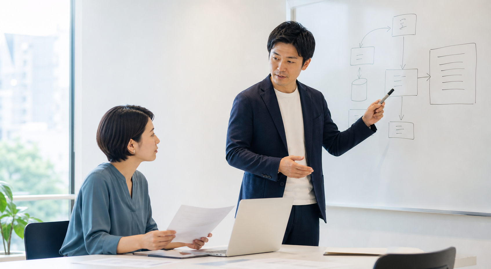 ホワイトボードを使い、紙とシステムが混在する業務を整理する担当者